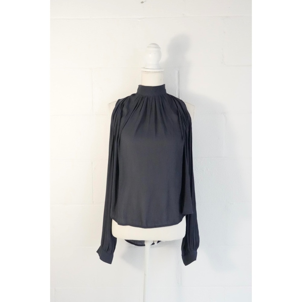 Mono B Cold Shoulder Shear‎ Blouse Medium Gray Mock Neck Pleated Backless Top